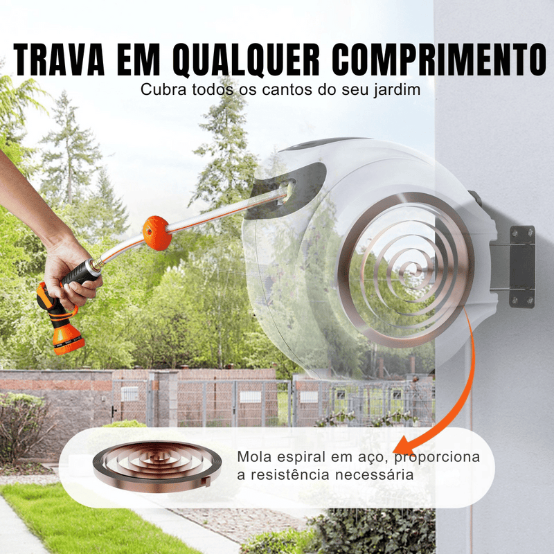 Mangueira Retrátil Carretel VEVOR 40m x 1/2" com Suporte de Parede Giratório 180°, Bico com 9 Jatos e Enrolamento Automático – Para Jardim, Quintal, Lavagem de Carros